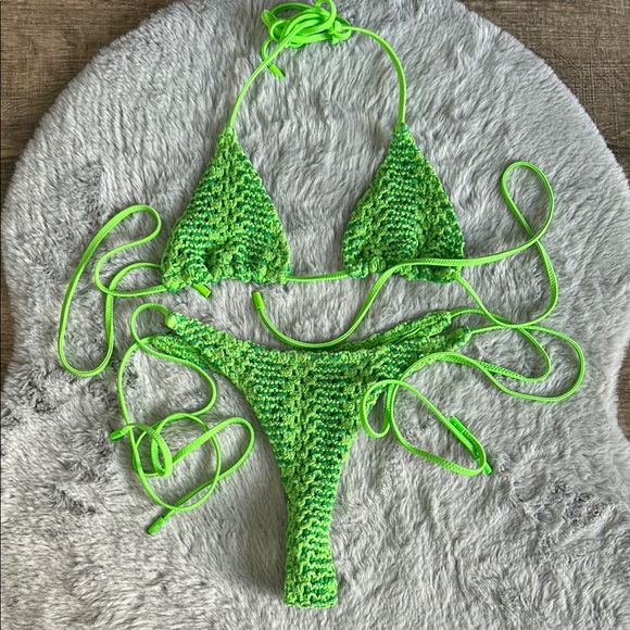 Triangl Crochet Grasse Green Thong Bikini Set S - Picture 4 of 8